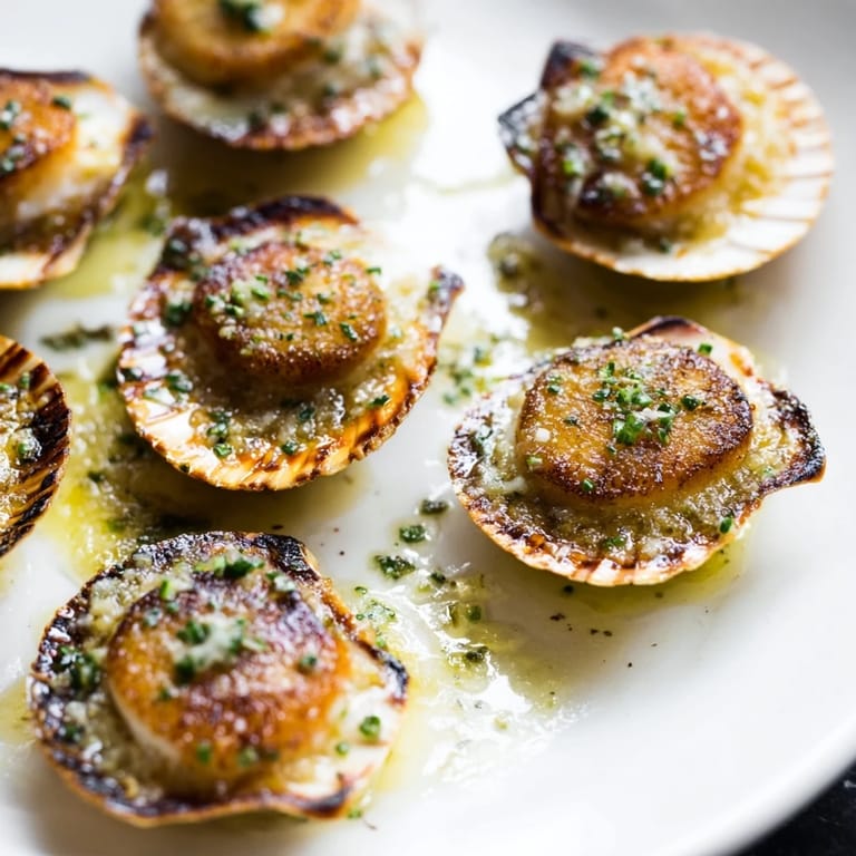 Close-up of succulent pan-seared scallops, showcasing a beautiful sear with garlic butter sauce coating.