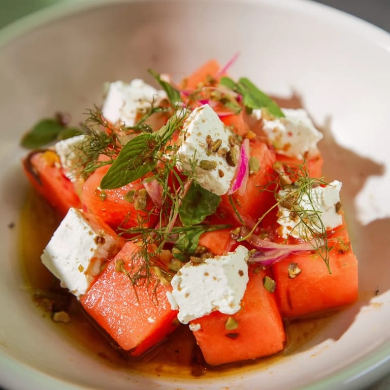 A close-up of Fresh Watermelon and Feta Salad, garnished with fresh mint, ready to eat.