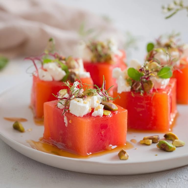 Beautiful Fresh Watermelon and Feta Salad, drizzled with balsamic glaze, a perfect summer dish.