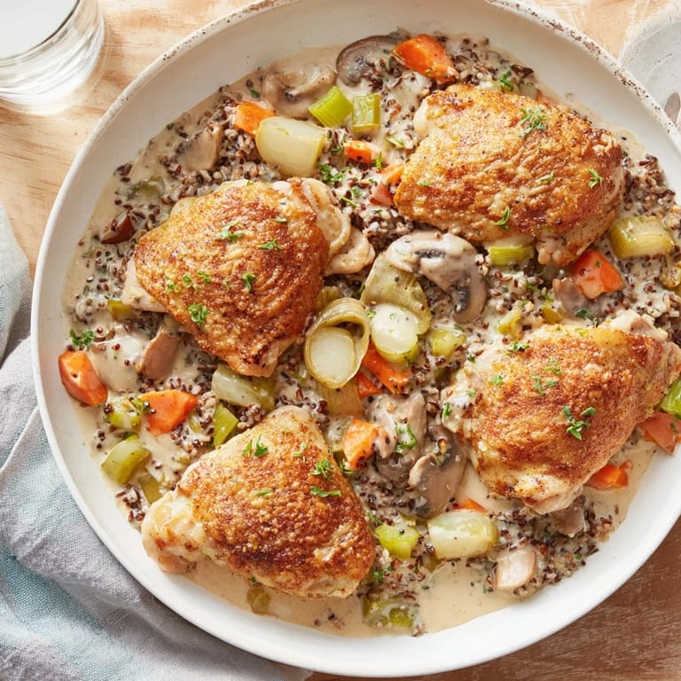 Steam rising from a pan of All-in-One Pan Creamy Chicken and Wild Rice, a comforting American dinner.