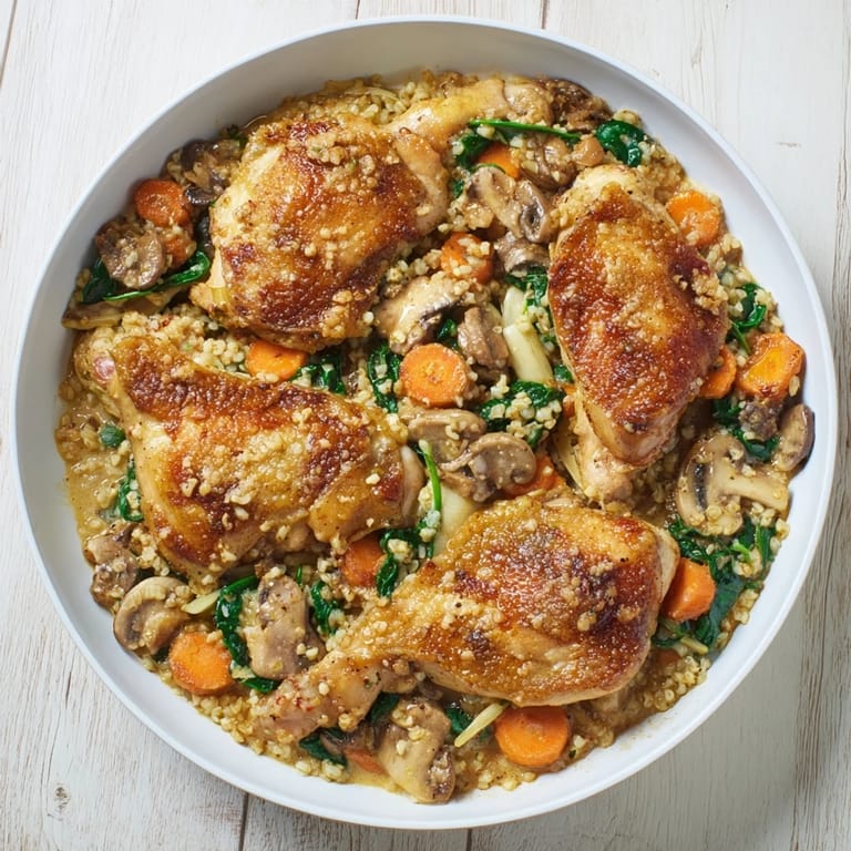 A close-up of the delicious All-in-One Pan Creamy Chicken and Wild Rice, showing tender chicken.