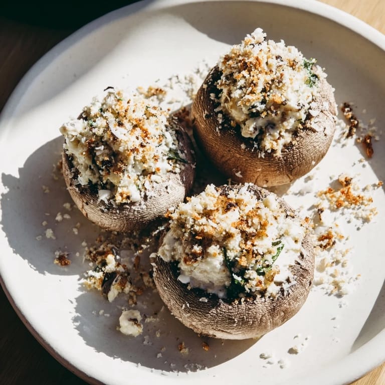 Baked Creamy Spinach and Artichoke Stuffed Mushrooms: A close-up shows melted cheese bubbling atop tender mushroom caps.