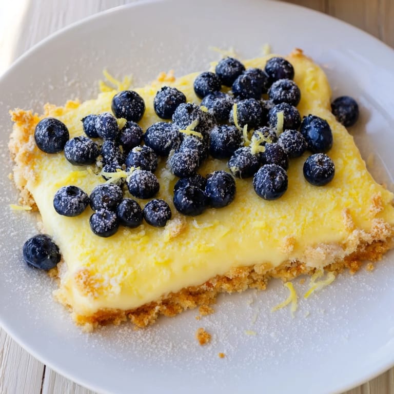 Close-up of baked Decadent Lemon Curd and Blueberry Squares revealing bright lemon and juicy blueberries.