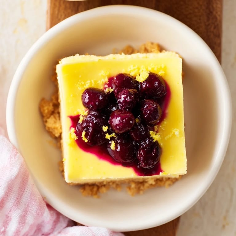 Buttery, golden crust holding delicious Decadent Lemon Curd and Blueberry Squares, a perfect dessert slice.