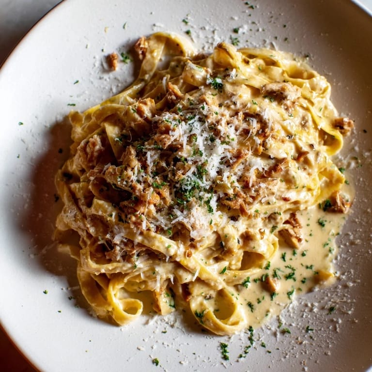 This 20-Minute Creamy Alfredo Pasta features perfectly coated fettuccine, ready to enjoy with fresh parsley.