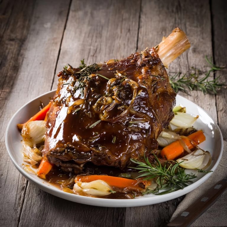 Mouthwatering image of Slow-Roasted Lamb Shanks, showcasing fall-off-the-bone meat, perfectly browned and flavorful.