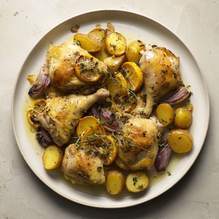 Image of a baking dish full of flavorful One-Dish Baked Chicken Thighs, perfectly roasted with lemon, garlic, and onions.