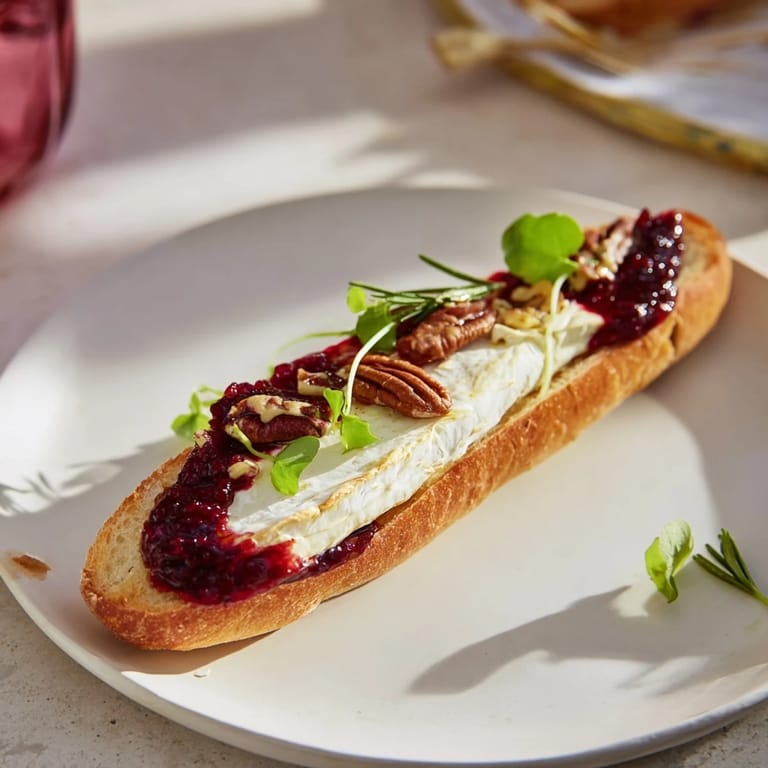 Close-up image shows Festive Holiday Cranberry and Brie Crostini appetizers, garnished and ready to serve beautifully.
