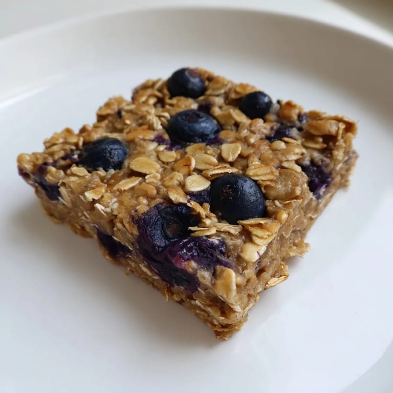 Delicious, homemade blueberry banana oatmeal protein bars offering a satisfyingly chewy, protein-packed bite.