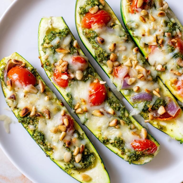 Filled with vibrant pesto, these cheesy pesto zucchini boats bake until tender – a perfect, flavorful summer side.