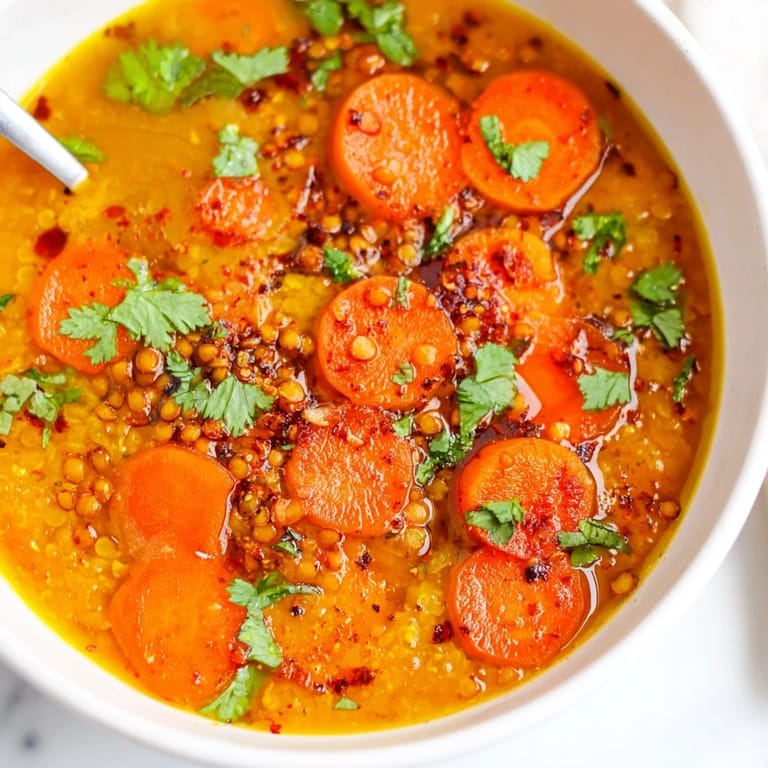Enjoy a comforting serving of delicious Spiced Carrot Lentil Soup with a side of crusty bread.