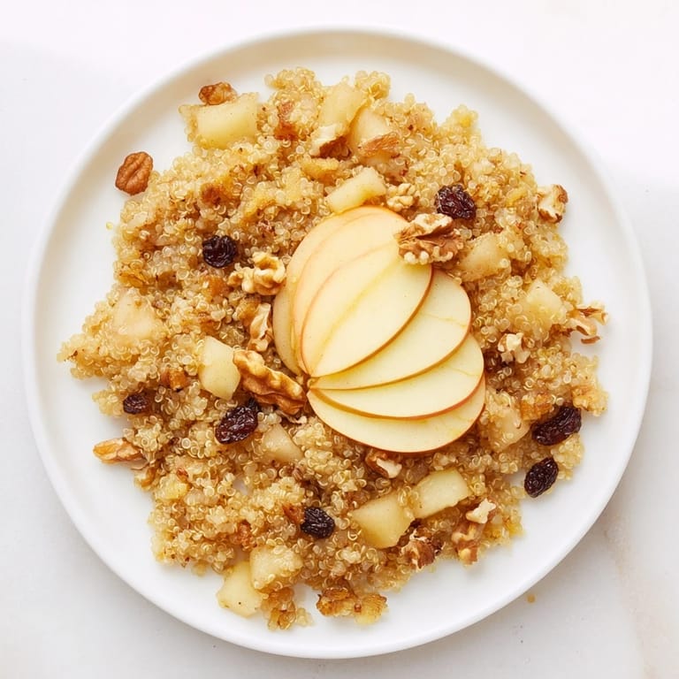 Delicious, warm apple cinnamon quinoa bowl, a healthy breakfast featuring tender apples and maple syrup.