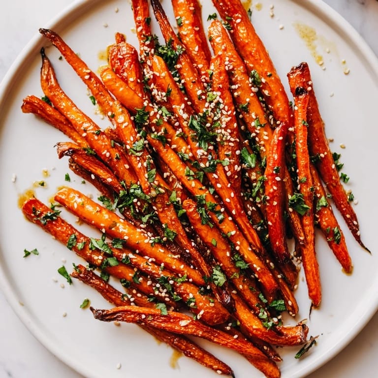Warm, tender Maple Mustard Roasted Carrots, showcasing the perfect caramelized edges from roasting in the oven.