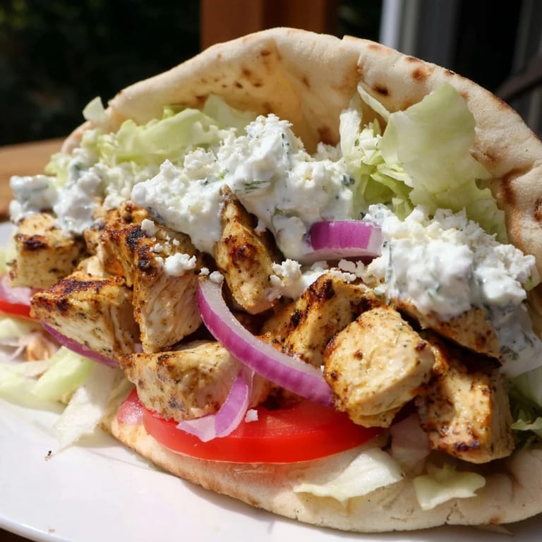Warm pita bread wrapped around flavorful Greek Chicken Souvlaki, a delicious and easy lunch or dinner.