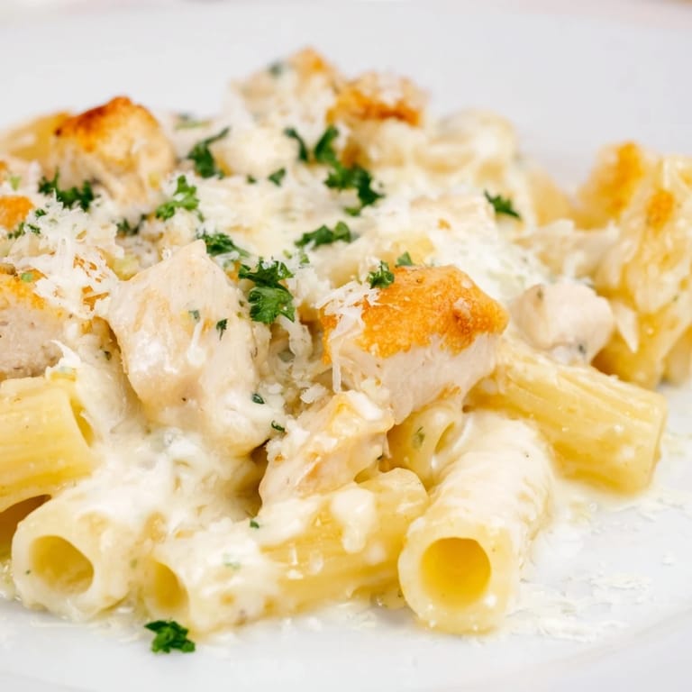 Tender chicken and pasta are smothered in creamy Alfredo sauce for this satisfying Chicken Alfredo Bake.