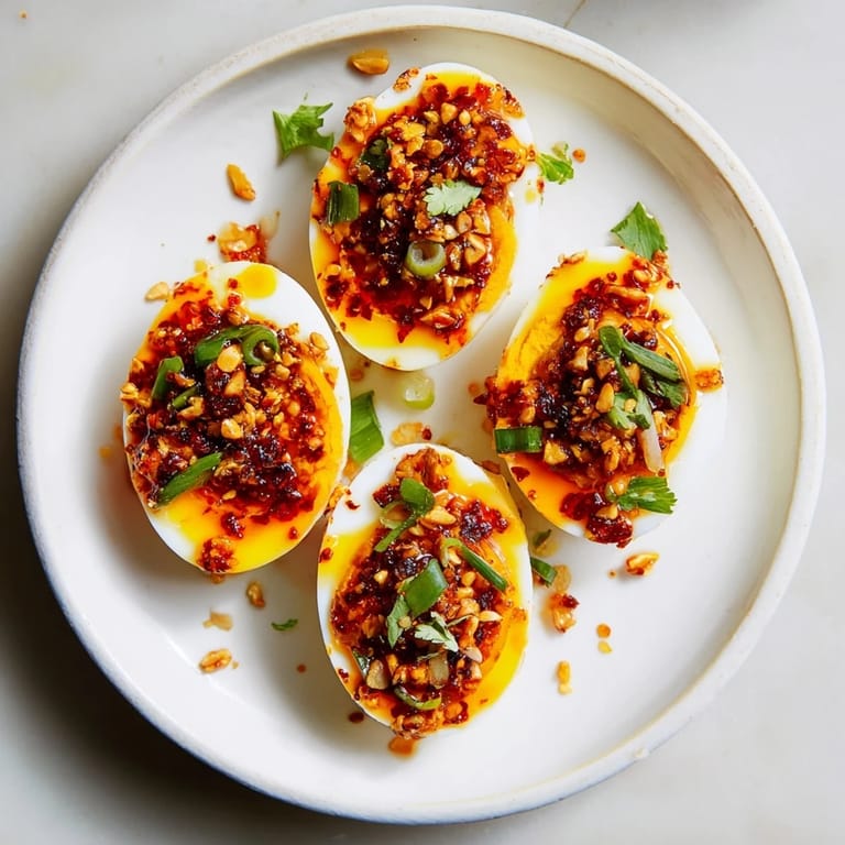 Savory Chili Oil Eggs, topped with sesame seeds and green onions, offering a delicious, visually enticing breakfast.