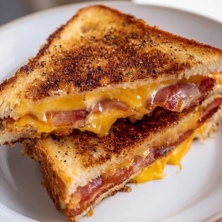 A close-up of a perfectly cooked crispy bacon cheddar grilled cheese, ready to eat.