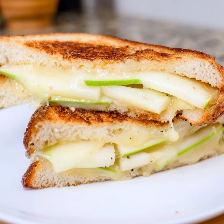 Buttery sourdough holds warm Brie and apple, creating a delightful Brie and Apple Grilled Cheese sandwich.