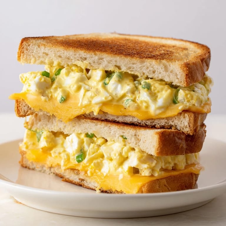 Homemade Egg Salad Grilled Cheese offers a comforting taste; buttery bread, cheese, and flavorful egg salad inside.
