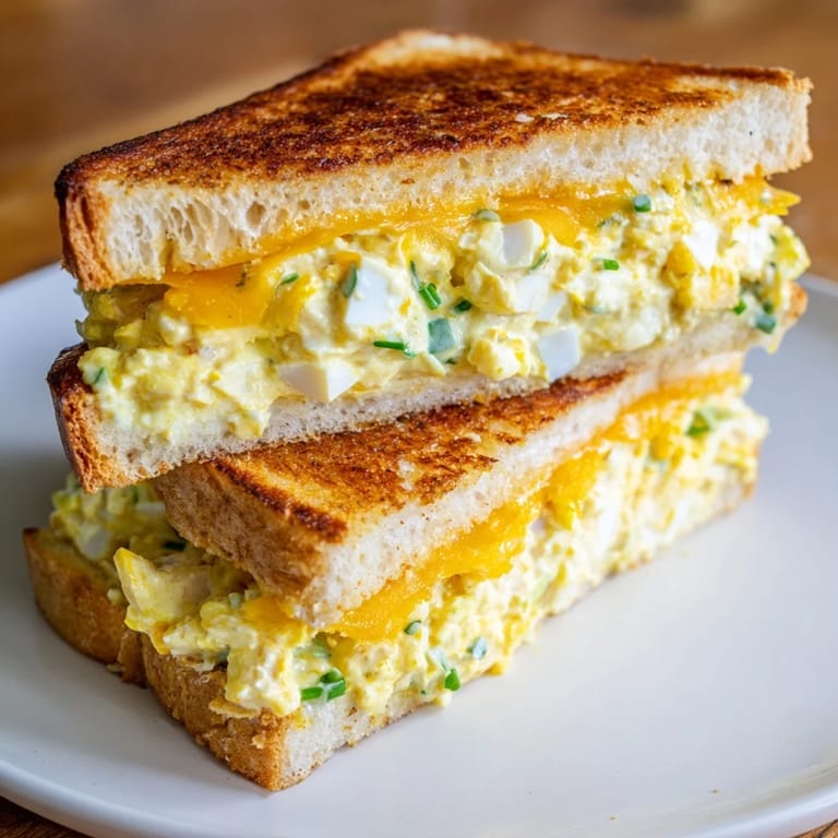 Crispy, golden-brown Egg Salad Grilled Cheese on the skillet, ready to serve with warm, melted cheese overflowing.