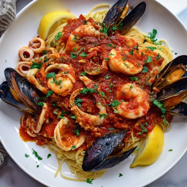 A comforting bowl of Seafood Marinara Pasta, showcasing tender seafood mingling with perfectly cooked spaghetti.