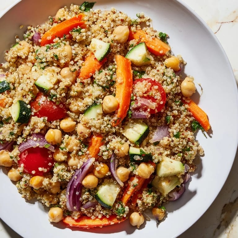 Vibrant quinoa power salad with fluffy quinoa, chickpeas, and a bright tahini-lemon dressing.
