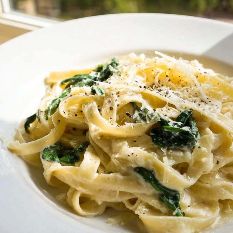 This creamy spinach pasta features a beautifully textured, luscious cream sauce over cooked pasta.