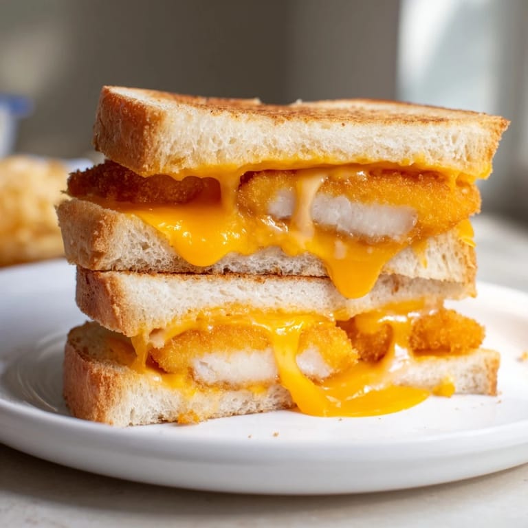 Melted cheese surrounds crispy chicken nuggets in this easy, delicious Chicken Nugget Grilled Cheese meal.