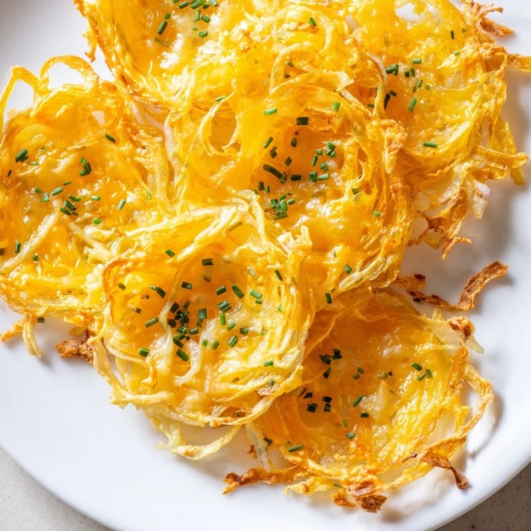 Close-up of air-fried crispy onion cheese chips, showing bubbly cheese and perfectly browned onion rings.