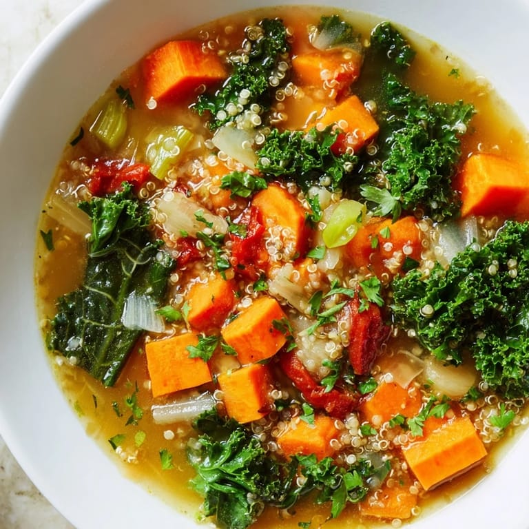 Vibrant photo showing hearty Nourishing Winter Veggie Soup, with quinoa and colorful vegetables simmering.