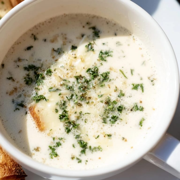 Homemade Creamy Garlic Bread Soup, garnished with parsley, promising a savory and flavorful vegetarian meal.