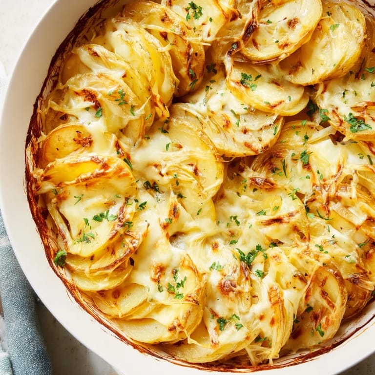 A comforting side of French Onion Soup Potatoes: golden potatoes topped with sweet, caramelized onions and melted cheese.