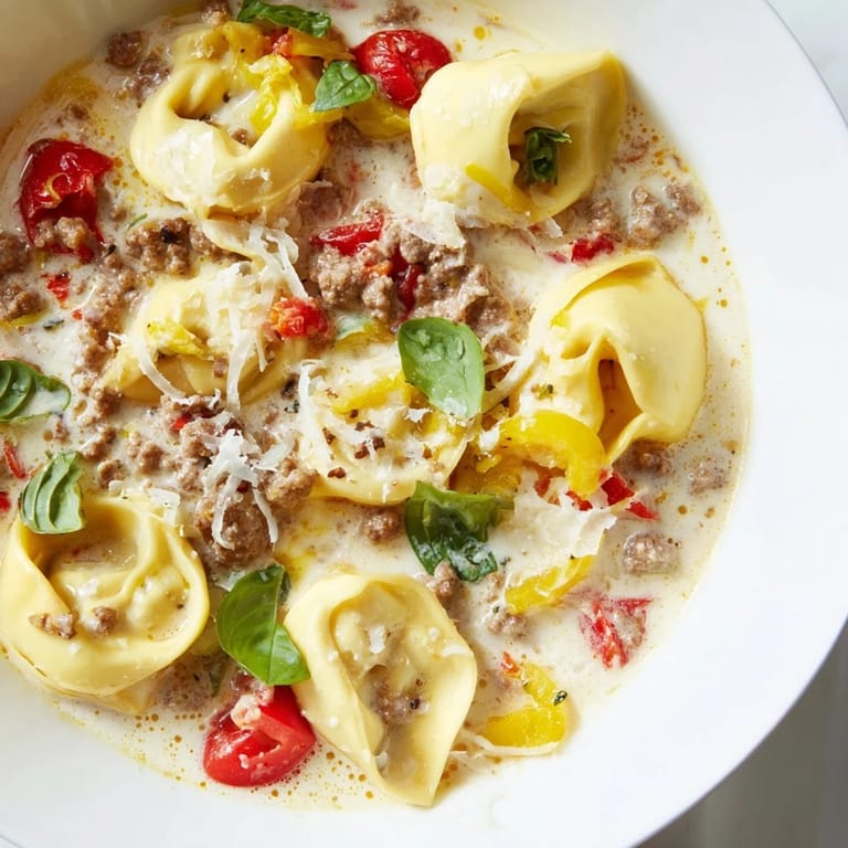A close-up of hearty Tortellini Beef Soup, garnished with fresh basil and Parmesan cheese.