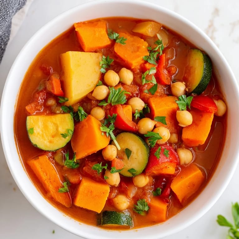 Enjoy a comforting serving of Hearty Vegan Sweet Potato Stew, ready for a chilly night's dinner.