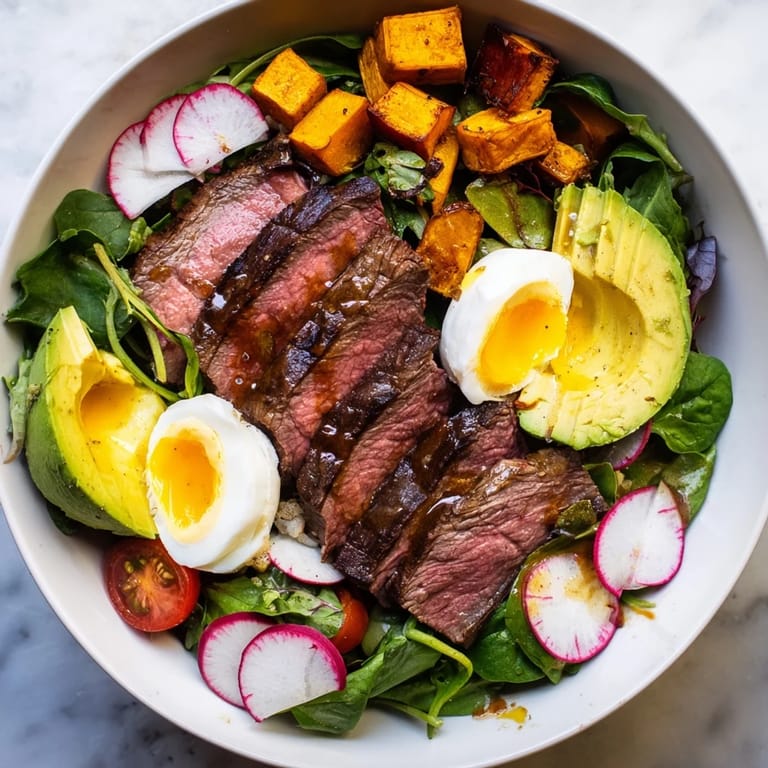 A delicious High-Protein Beef Avocado Bowl showcasing tender beef and creamy avocado over fresh greens.