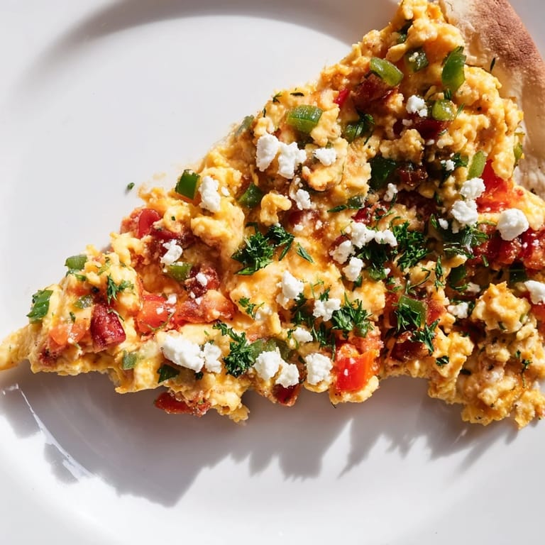 A close-up shot of steaming Turkish Menemen Eggs Pizza, highlighting the vibrant veggie topping.