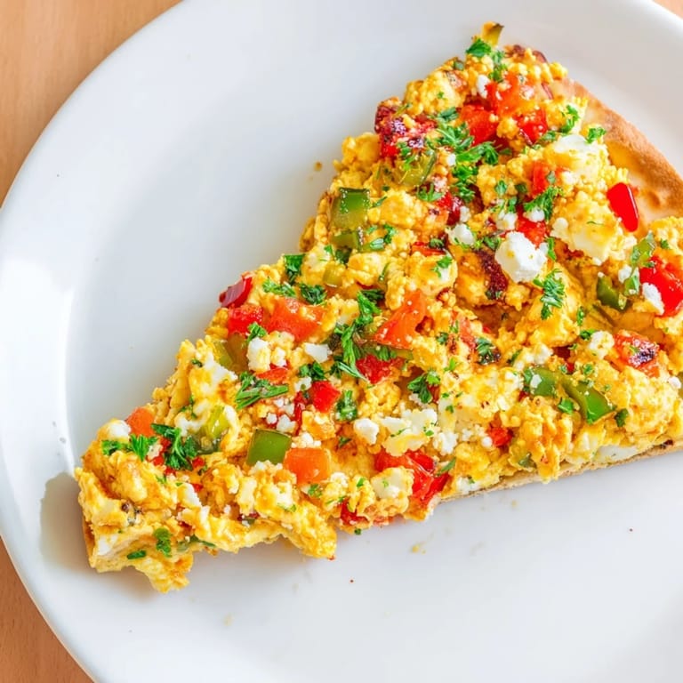 Savory Turkish Menemen Eggs Pizza with a crispy crust, served hot and garnished with fresh parsley.