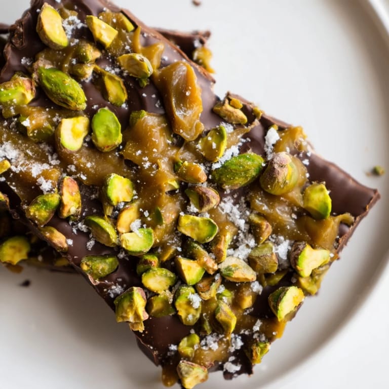 Close-up of freshly broken pistachio salted caramel bark featuring a generous sprinkle of sea salt.