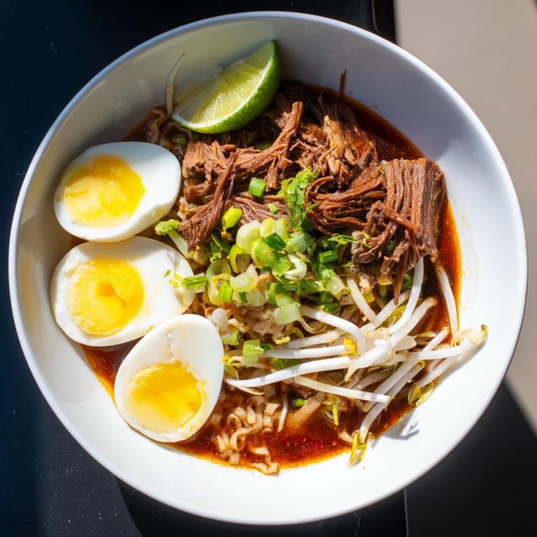 A close up showcases the rich, flavorful birria ramen broth with tender shredded beef and noodles.