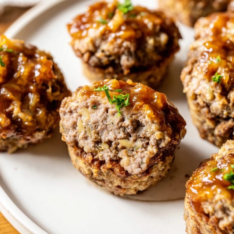 Perfectly baked mini meatloaf bites, each topped with a vibrant glaze, offering savory and sweet flavors.