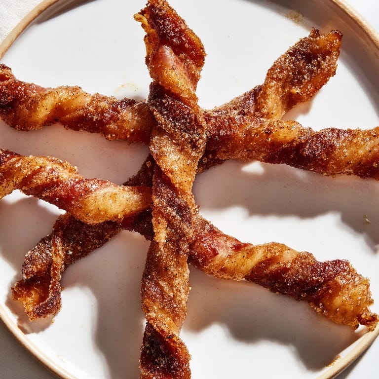 A close-up of crispy Spiced Bacon Twists showcasing their twisted texture and rustic brown sugar crust, ideal for game day party platters.