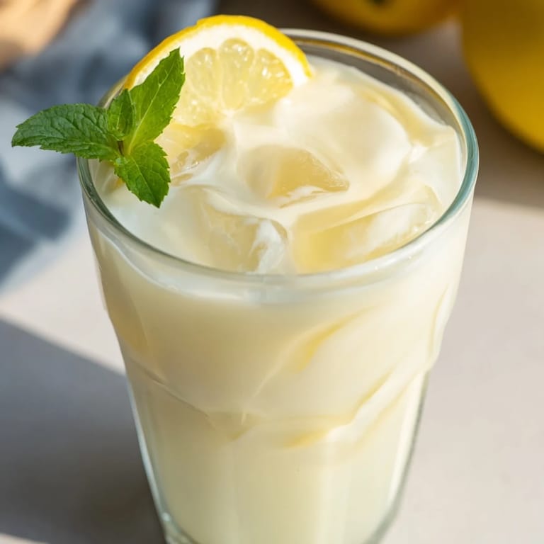 Creamy Lemonade Drink in a clear pitcher being poured over ice, showing its smooth, frothy texture and bright citrus color.