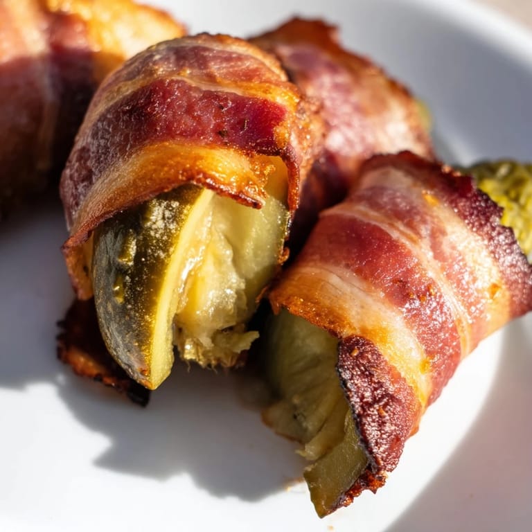 A close-up view of crispy, oven-baked Bacon-Wrapped Pickles glistening with smoky bacon fat on a parchment-lined tray.  