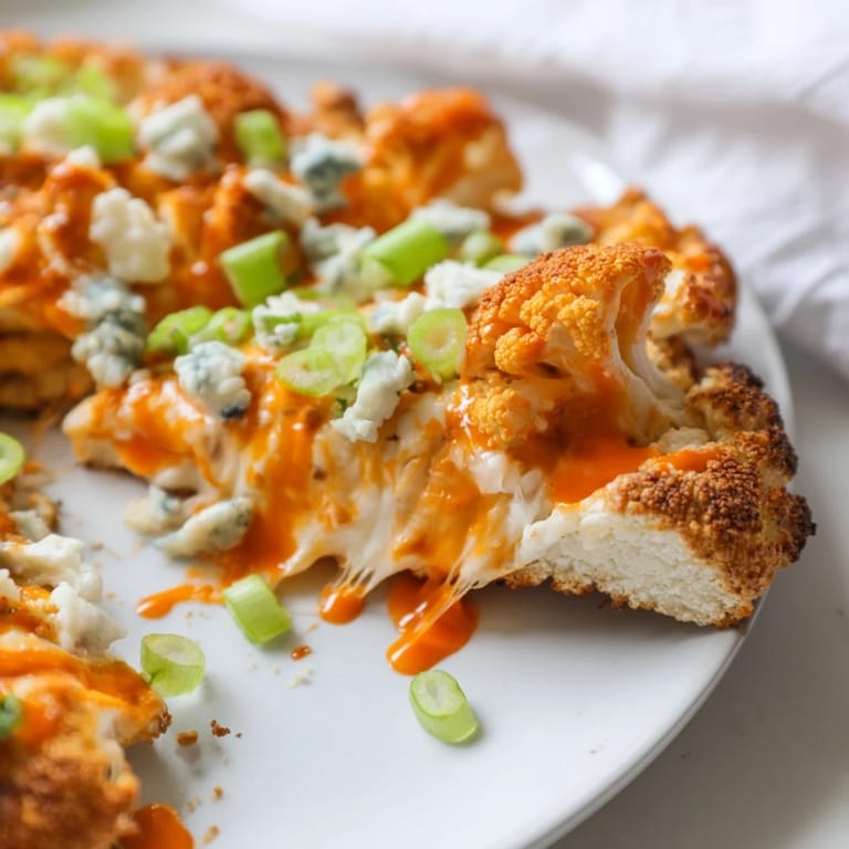 Overhead view of a baked Buffalo Cauliflower Pizza, featuring a gluten-free cauliflower base and vibrant garnish, ready to be enjoyed.