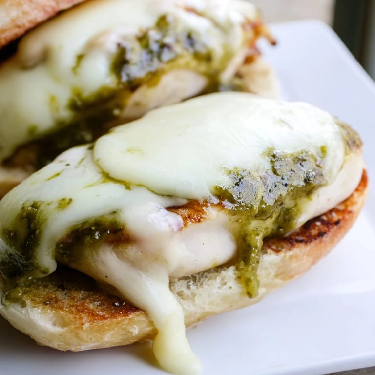 Grilled chicken breast is layered with gooey mozzarella and basil pesto for a hearty Pesto Chicken Melt.