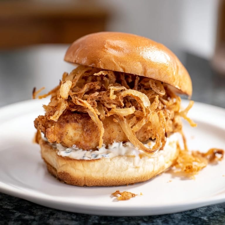 A hand holding a Crispy Onion Chicken Sandwich, revealing juicy fried chicken and crispy onions inside the soft bun.
