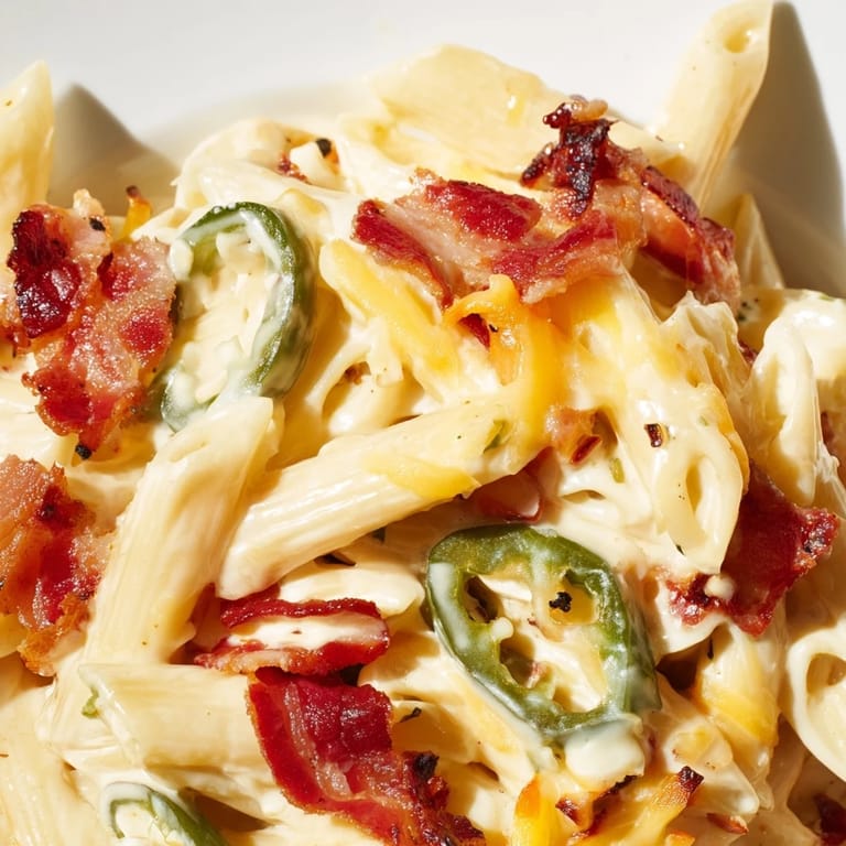 Jalapeño Popper Pasta served in a rustic bowl, featuring golden toasted panko breadcrumbs and a side of garlic bread.