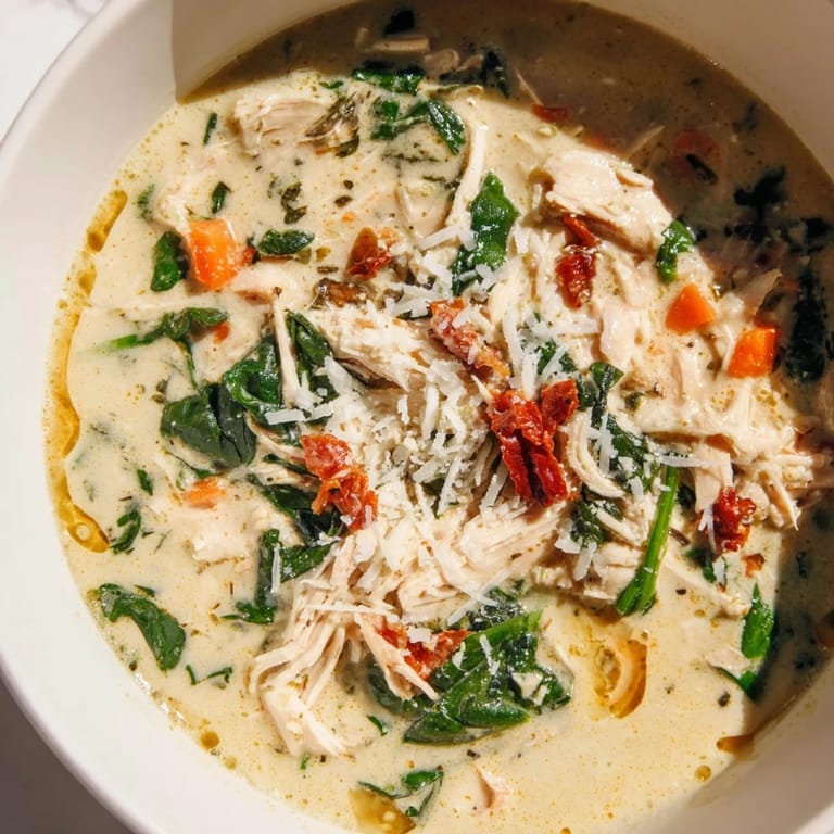 Hearty Creamy Tuscan Chicken Soup served warm, garnished with fresh Parmesan and a drizzle of olive oil.