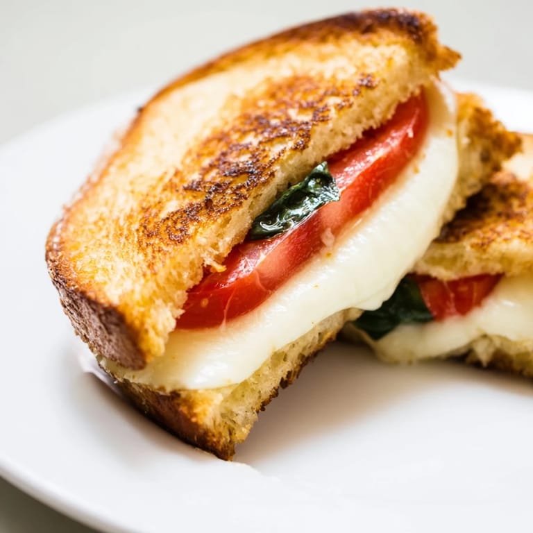 A close-up of a crispy, buttery Tomato Basil Grilled Cheese, showcasing melted mozzarella, juicy tomato, and fragrant basil between golden sourdough slices.  