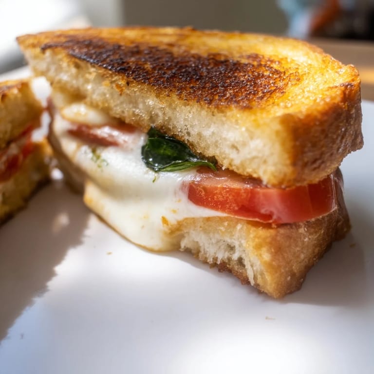 Steaming Tomato Basil Grilled Cheese on a cutting board, ready to be served, highlighting its gooey cheese and vibrant basil leaves.